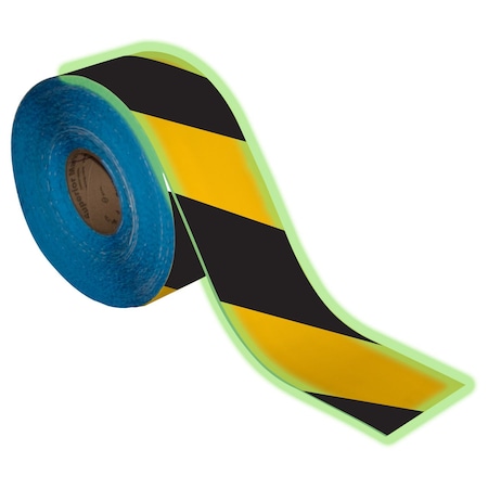 Superior Mark Floor Marking Tape, GLOW, 4in x 100Ft, Black/Yellow Glow Hazard Stripe, PR IN-90-219I